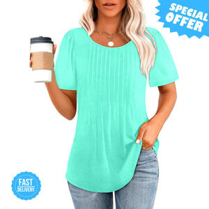 BRAND NEW OFEEFAN T Shirts Short Sleeve Pleated Casual Summer Top